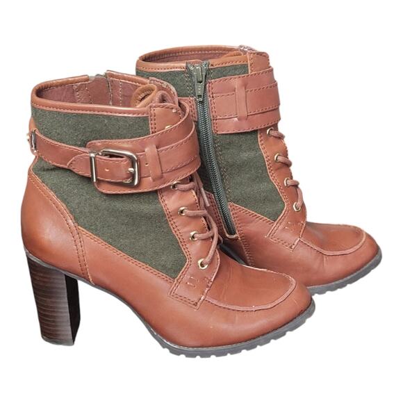 Antonio Melani Garnett Brown Green Leather Lace Up Buckle Zip Heel Boots US 7.5M - Picture 1 of 10